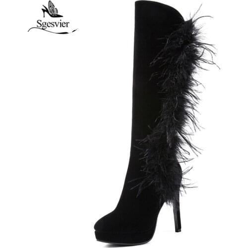 Sgesvier Women Knee High Boots High Heels Winter Boots Side Zipper Thin Heels Sexy Ladies Boots Autumn Black Botas Mujer OX853