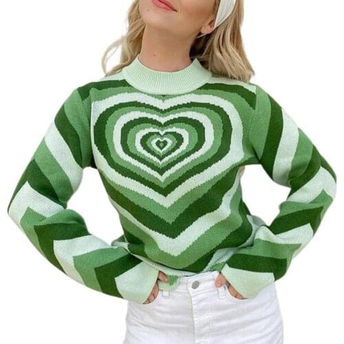 Women Sweater Pullovers Half High Collar Simple Sweater Features Heart Wave Print Long Sleeve Thicken Stretchy Knitted Sweater