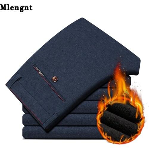 Winter Business Suit Pants Fleece Autumn Casual Straight Stretch Warm Thick Streetwear Male Trousers Long Mid Waist Zipper Pants