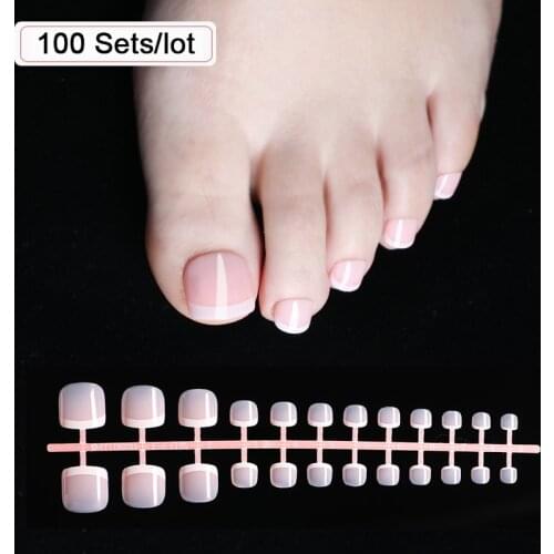 100 Sets Short Press On Toe Nails Full Cover Coffin Fake Nails Acrylic Classical French False Nails Stiletto Nails Toes Tips