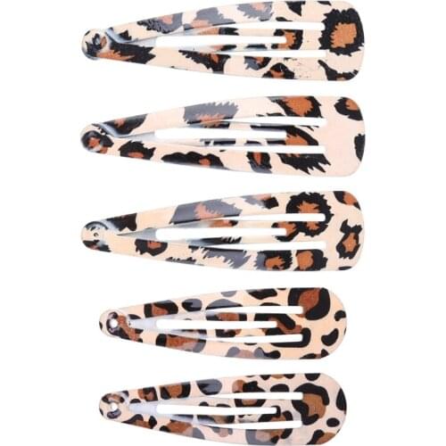 5Pcs/Set Women Ladies Boho Vintage Colored Leopard Printed Hair Clips Metal Alloy Water Drop Shape BB Hairpins Baking Paint Snap