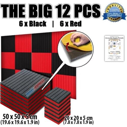Arrowzoom Flat Wedge Adhesive Acoustic Studio Panel Sound-Absorbing Foam Tiles 12 pcs Red and Black Set KK1054