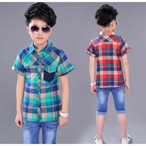 Boys blouses 4-15T kids summer cotton shirt teenage clothes baby boys spring warm shirt big kids plaid shirt boys casual clothes