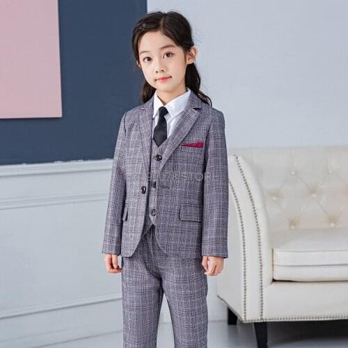 Brand Girls Wedding Suit Kids Formal Jacket Vest Pants Tie 4pcs Teenagers Blazer Set Children Plaid 2-12Years Clothing Set