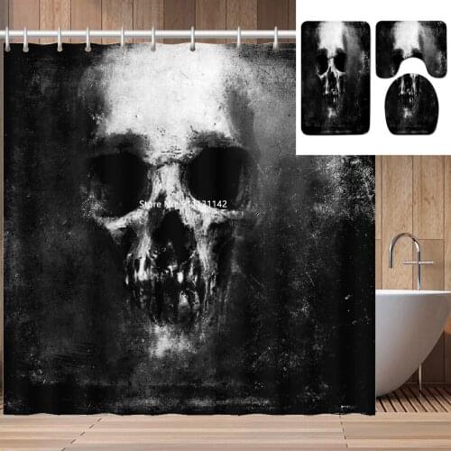 Black Horror Skull Shower Curtain Toilet Home Decoration Waterproof Eco-friendly Partition Curtain Non-slip Bath Mat