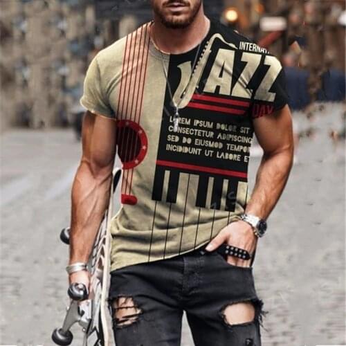 Men Fashion Color Stitch Short Sleeve Tshirts Summer New Mens Oversized Vintage Music Element Print O Collared Harajuku T Shirt