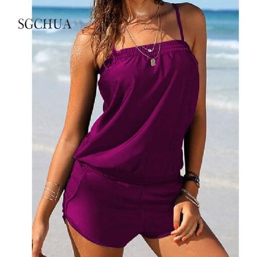 Summer Strapless Tankini Womens Loose Solid Black Purple High Waist Split Swimsuit Bikini Beach Wear Swimwear Bathing Suit