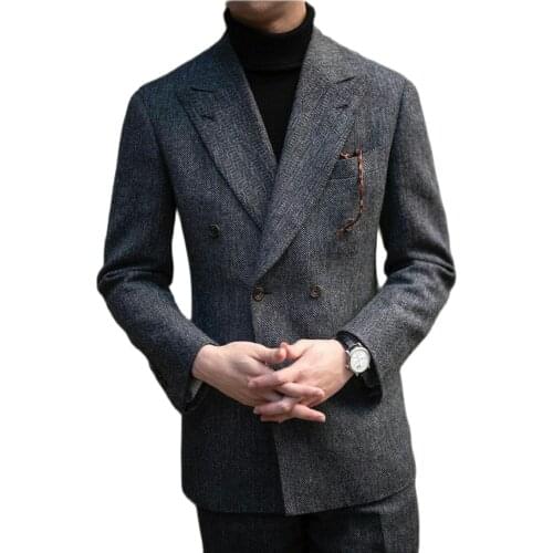 Grey Mens Suits Clothing Custom Made Two Pieces Double Breasted Tuxedos Peaked Lapel Blazer Business Jacket Pants