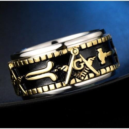 Jewish Nobility Mens Masonic Spinner Ring Titanium Steel Freemason Symbol Religious Rings For Men Jewelry Band, 10mm Wide