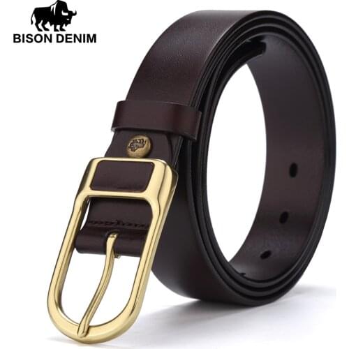 BISON DENIM Leather Belts Cowskin Mens Belt 3.4cm Width Genuine Leather Male Waistband Alloy Pin Buckle Belt N71011