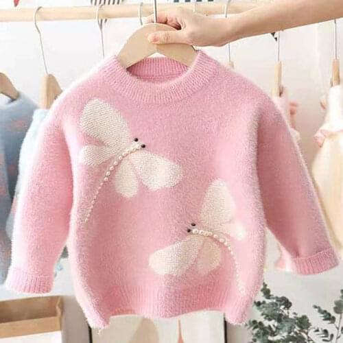 New Sweaters Girl Dragonfly Pattern Mink Fleece Winter Clothes Kids Pullover Knitwear Sweater Children Clothing