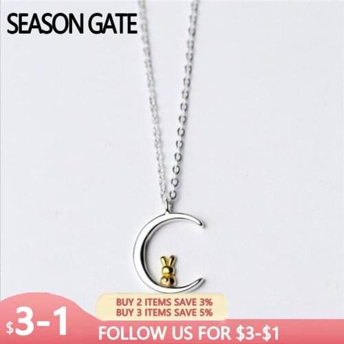 Real 925 Sterling Silver Necklace Cute Moon and Rabbit Pendant Chain for Women Girls Birthday Gifts Jewelry Mujer Bijoux SN011
