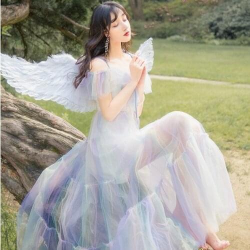 Rainbow Fairy Dress for Women Chiffon Kawaii Dress Summer French V Neck Dress Girls Sweet Fairy Lolita Party Mesh Princess Dress