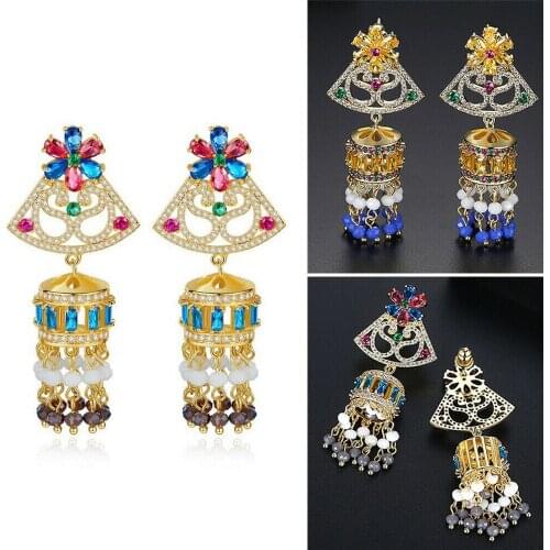 Retro Women Wind Chimes Tribal Ethnic Gypsy AAA Zircon Drop Ear Stud Jewelry Jhumka Jhumki Indian Tassel Earring Wedding Fashion