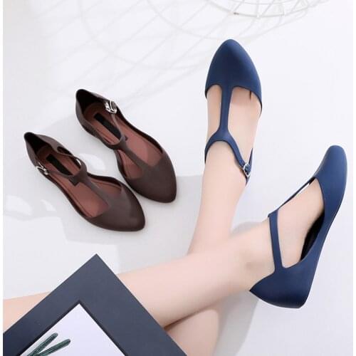 Women Flat Shoes Ballet Flats Jelly Shoes Summer Female T-Strap Point Toe Sandals Shallow Buckle Strap Comfort Ladies Footwear