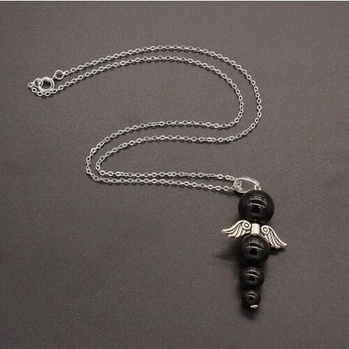 Trendy-beads Silver Plated Wing Layer Round Beads Black Agates Pendant Necklace Link Chain Jewelry