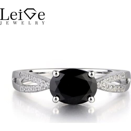 Leige Jewelry Natural Black Spinel Gemstone Oval Cut Prong Setting Wedding Bands Engagement Rings For Woman 925 Sterling Silver