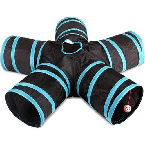 Quality Cat Tunnel, 5-Way Foldable Pet Toy Tunnel - Rabbit, Cat and Dog Game Pipe - Black blue