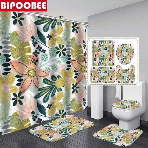 Flowers Shower Curtains Bathroom Curtain Set Green Leaves Bath Mats Rugs Toilet Lid Cover Pedestal Carpet Home Decoration