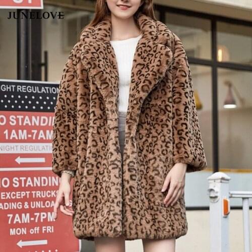 JuneLove Leopard Print Loose Casual Long Faux Fur Coat Turn-down Collar Warm Women Winter Fur Jackets Vintage Parka Streetwear