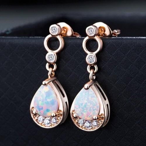Women Bling Rhinestone Inlaid Faux Opal Droplet Pendant Stud Earrings Jewelry