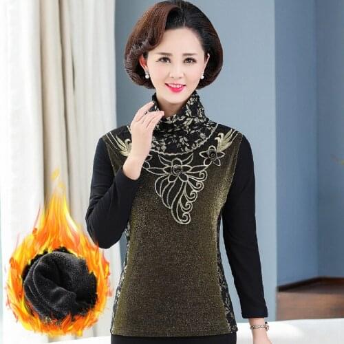 Winter Warm Velvet Lace T-shirt For Women 2021 Autumn Turtleneck Fleece Pullovers Mother Long Sleeve Bottom Shirt Tops