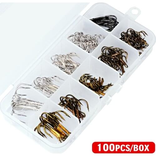 100Pcs/Box fishing tackle Mixed Size 2/4/6/8/10 Fishing Hook High Qulity Brown Color Jig Big Hook Treble Hooks