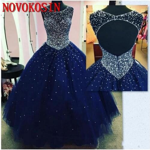2019 Sparkly Beads Crystal Navy Blue Quinceanera Dresses Ball Gown Tulle Masquerade Sweet 16 Prom Gowns Backless Vestido Festa
