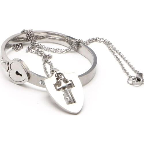 Couple Titanium Steel Lock Bangle Bracelet & Key Pendant Necklace Sets Gift