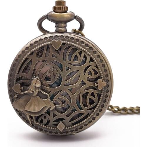 Retro Steampunk Bronze Alice Quartz Pocket Watch Necklace Pendant Women Gift Watches Wholesale