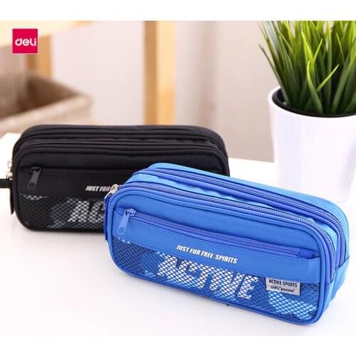 Deli 3074 pencil case advanced canvas pencil bag blue/black office & school student stationery