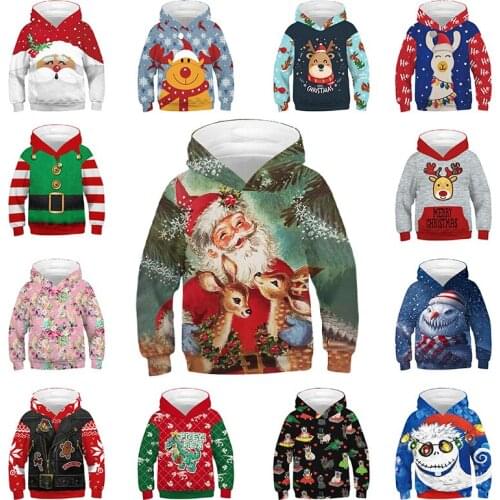Christmas 3D Oversized Hoodies for Girls Boys Childrens Hooded Sweatshirts 2021 Xmas Kids Long Sleeve Shirts 5-14 Yrs WY103