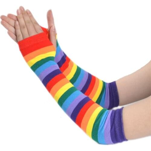 Korean Winter Sleeve Elastic Gloves Rainbow knitting Stripes Hyuna Style Cute Arm Cover Student Wild Sleeve Fingerless Gloves