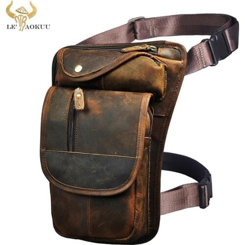 Crazy Horse Leather Men Design Vintage Messenger Tablet Sling Bag Multi-function Travel Fanny Waist Belt Pack Leg Bag Male 3112