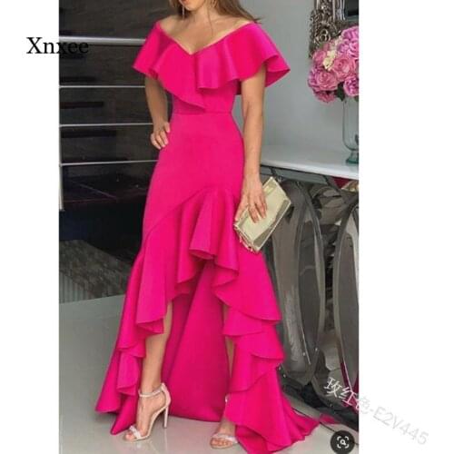 Summer Womens Elegant Dress Sexy V-Neck Irregular Solid Color Hem Ruffled Long Skirt Short-Sleeved Floor-To-Ceiling Skirt
