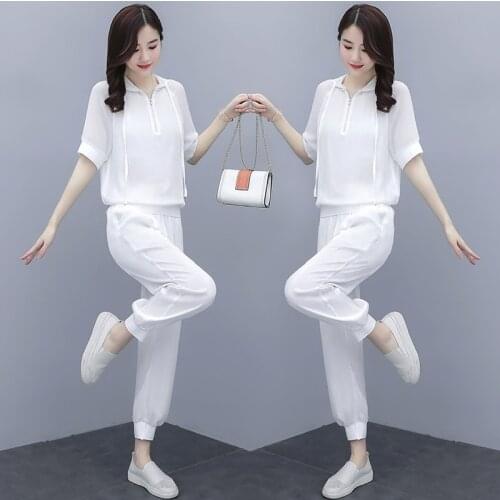Summer fashion two-piece fashion trousers ice silk sports leisure sweater suit ensemble femme survetement
