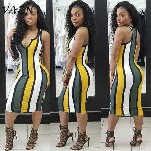 VAZN Top Quality High Design 2018 Sexy Style Women Dress Striped V-Neck Sleeveless Bodycon Midi Dress Vestido YS160