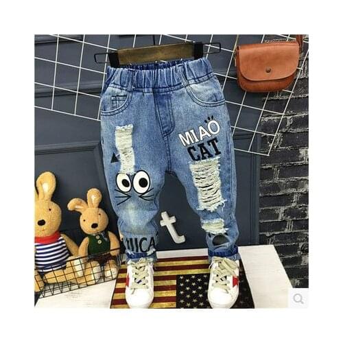 Retail 2017 Boys Girls Cartoon Print Pants Hole Denim Jeans For Boy Girl Kids Long Pant
