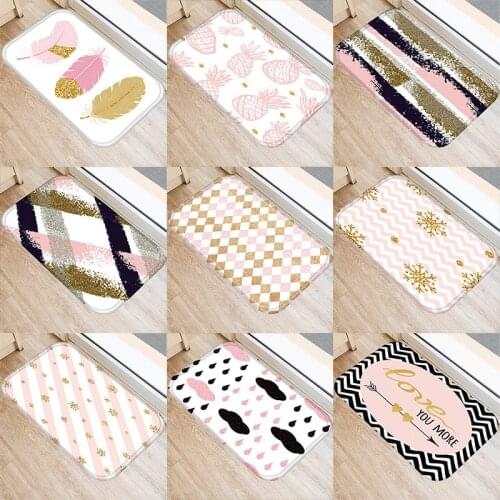 Pink Geometric Feather Kitchen Entrance Door Mat Coral Velvet Carpet Rubber Colorful Indoor Floor Mats Non-Anti-Slip Rug 48253