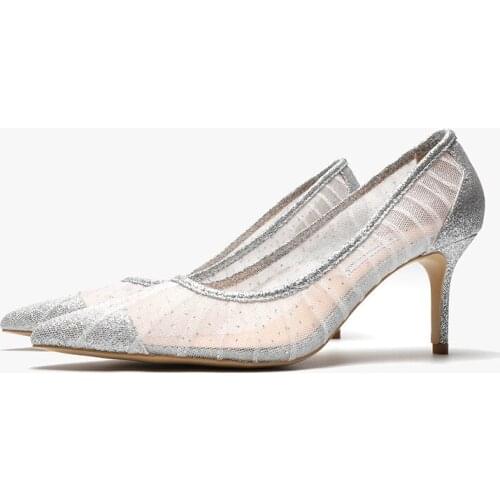 Women Sandals Summer Ladies Mesh Slip On 6.5CM Thin High Heels Pointed Toe Bling zapatos de mujer women shoes size 35-42