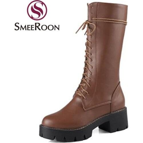 Smeeroon mid calf boots woman restoring round toe thick heels motorcycle boots side zipper winter boots delicate womens shoes