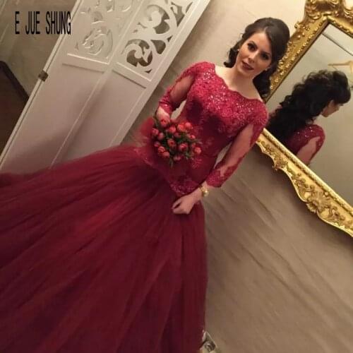 E JUE SHUNG Burgundy Sequined Ball Gown Wedding Dresses Scoop Neck Lace Appliques 3/4 Sleeves Bridal Dresses robe de mariage