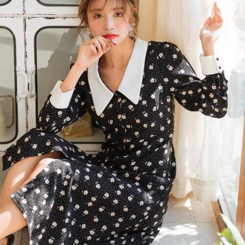 Spring dress women 2020 new spring fashion vintage chiffon black white floral long sleeve a-line dress mid-long ladies dress