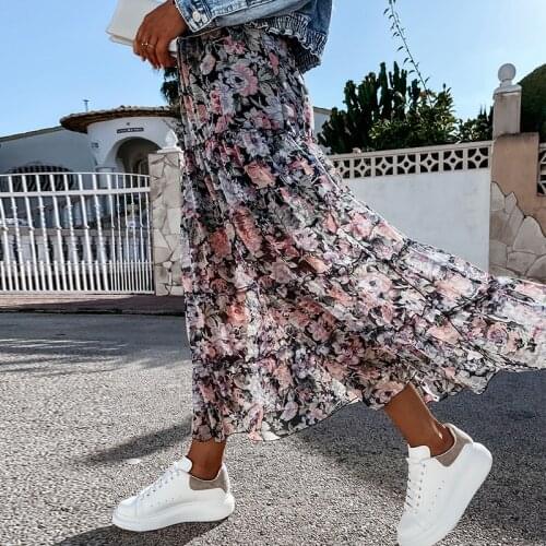 2021 Summer High Waist Long Split Print Skirt Floral Women Casual Chiffon Beach Faldas Boho Elastic Waist Ruffles Holiday Skirts