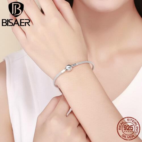 BISAER Hot Sale 925 Sterling Silver Snake Chain Forever Love Round Clasp Women Bracelets Sterling Silver Jewelry Pulseira ECB105