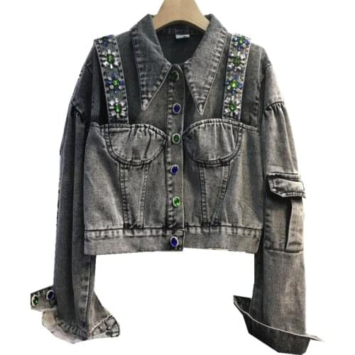 2021 Autumn New Beaded Diamond Retro Fake Two-piece Short Denim Jacket Women Fashion Loose Dark Gray Full Sleeves Jean Coat Tops