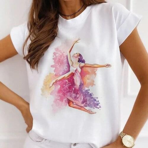 Women Fashion Tops Summer Ink Painting Ballerina Girl Graphic Casual T-Shirt Loose Short-Sleeved White Base Tee Shirts