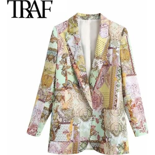 TRAF Women Fashion With Pockets Printed Blazer Coat Vintage Long Sleeve Female Outerwear Chic Veste Femme