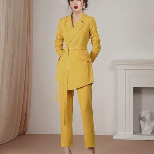 Runway Office Ladies Trousers Suit Spring Women Yellow Notched Belt Blazers 2 Piece Set + Fashion Pencil Work Pants Set