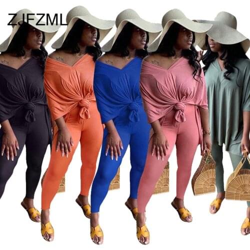 2021 Plus Size Solid Color Woman Two Piece Set Tracksuit V Neck Half Sleeve Loose Long T Shirt and Pencil Pant Lounge Wear Suits